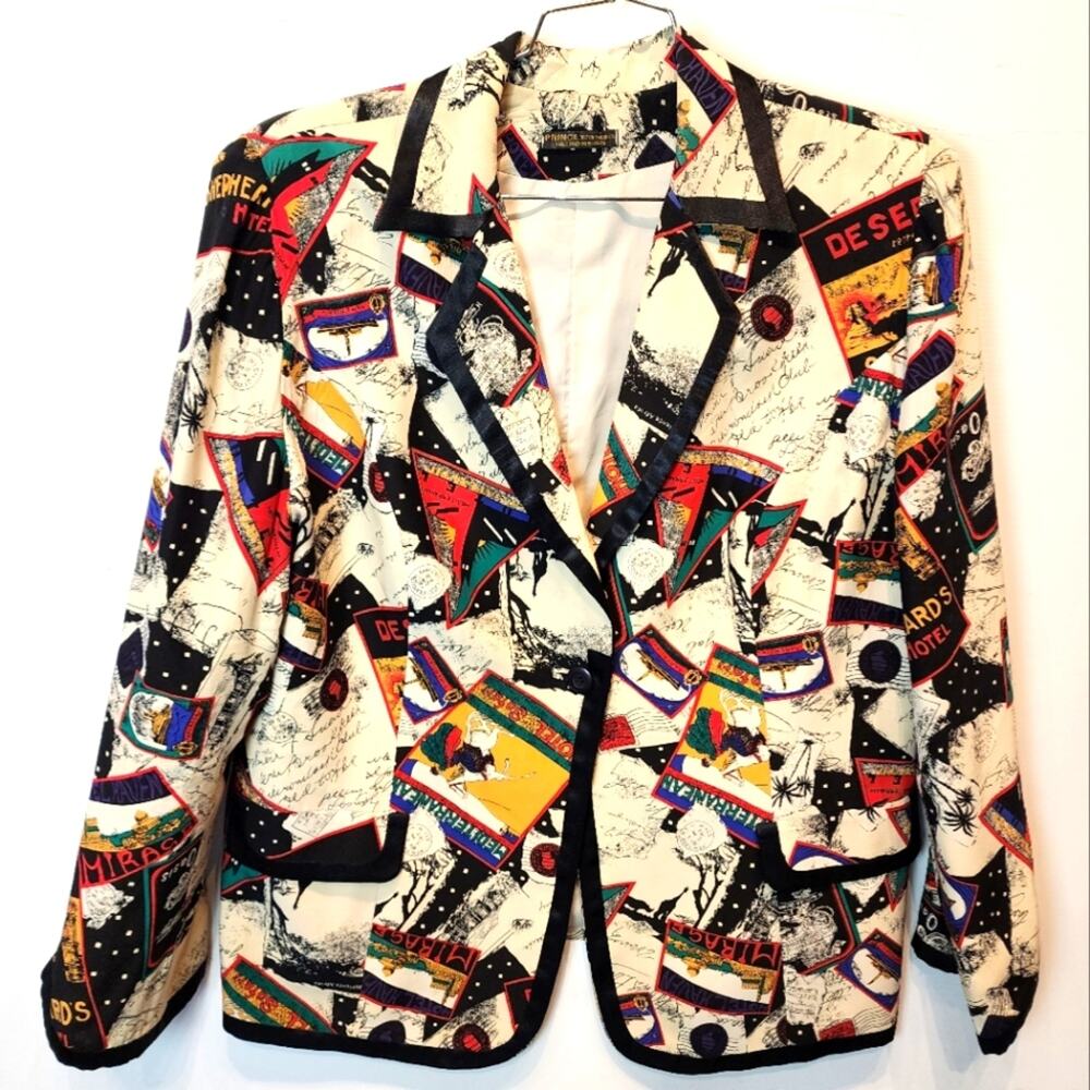 Vintage Custom Designer Blazer Travel Themed Silk‎ Jacket Shoulder Pads Size 2X